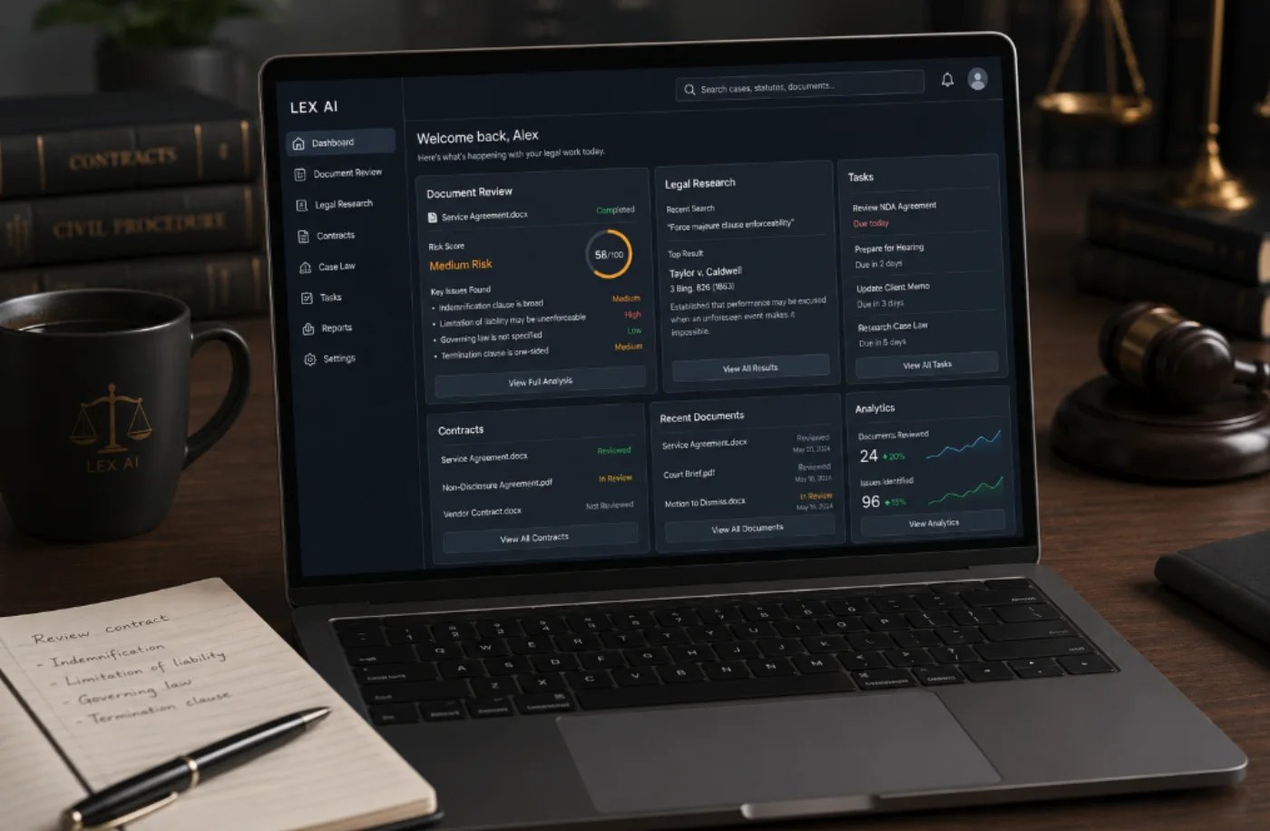 Law Agent dashboard showing a source-backed legal answer with citations