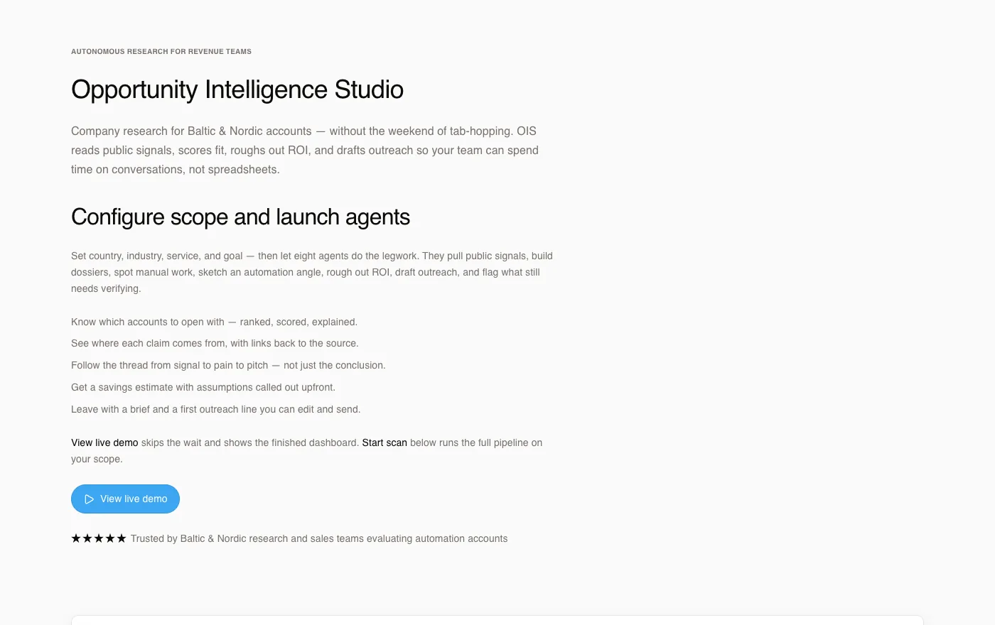 Opportunity Intelligence Studio multi-agent account research workspace